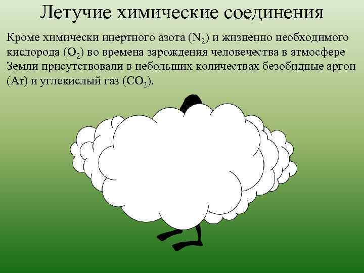 Летучие химические соединения Кроме химически инертного азота (N 2) и жизненно необходимого кислорода (O