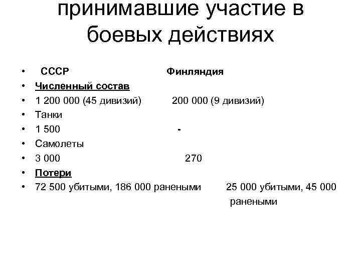 принимавшие участие в боевых действиях • СССР Финляндия • Численный состав • 1 200