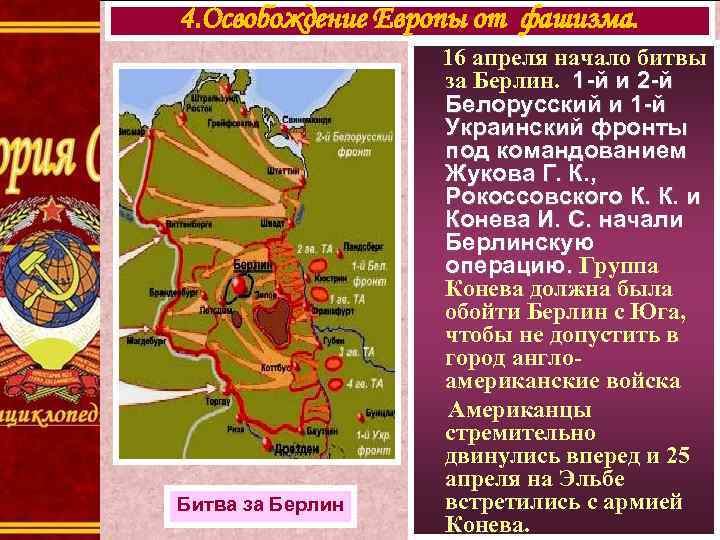 4. Освобождение Европы от фашизма. Битва за Берлин 16 апреля начало битвы за Берлин.