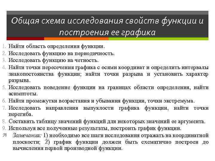 Общая схема исследования свойств функции и построения ее графика Найти область определения функции. Исследовать