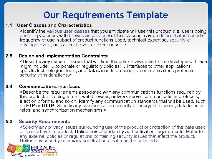 Our Requirements Template 1. 1 User Classes and Characteristics <Identify the various user classes
