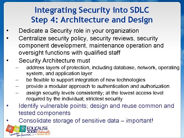 Integrating Security into SDLC Step 4: Architecture and Design • • Dedicate a Security