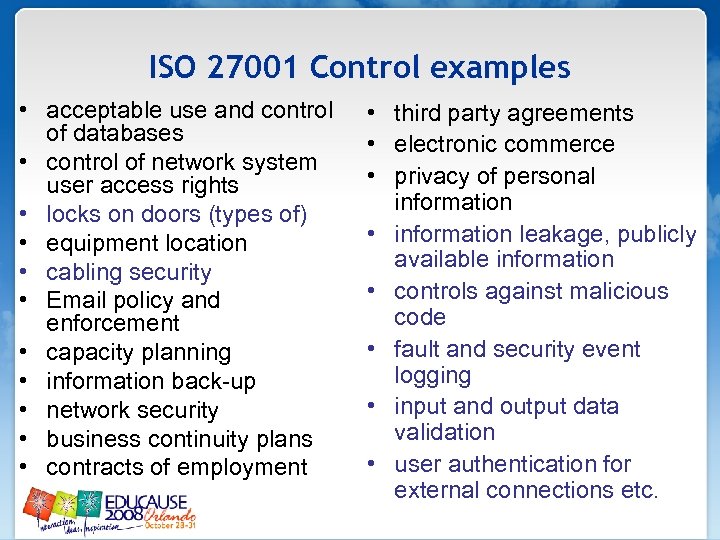 ISO 27001 Control examples • acceptable use and control of databases • control of