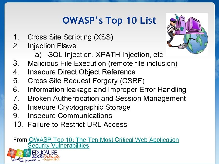 OWASP’s Top 10 List 1. 2. Cross Site Scripting (XSS) Injection Flaws a) SQL