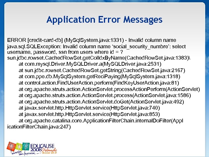 Application Error Messages ERROR [credit-card-db] (My. Sql. System. java: 1331) - Invalid column name