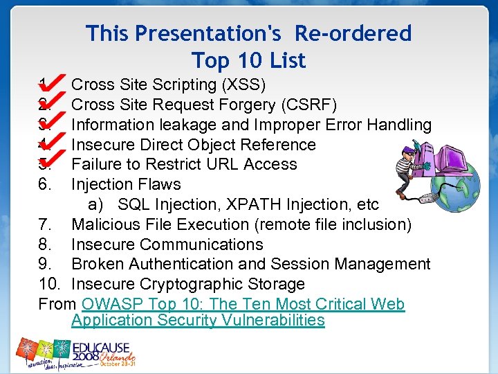 This Presentation's Re-ordered Top 10 List 1. 2. 3. 4. 5. 6. Cross Site