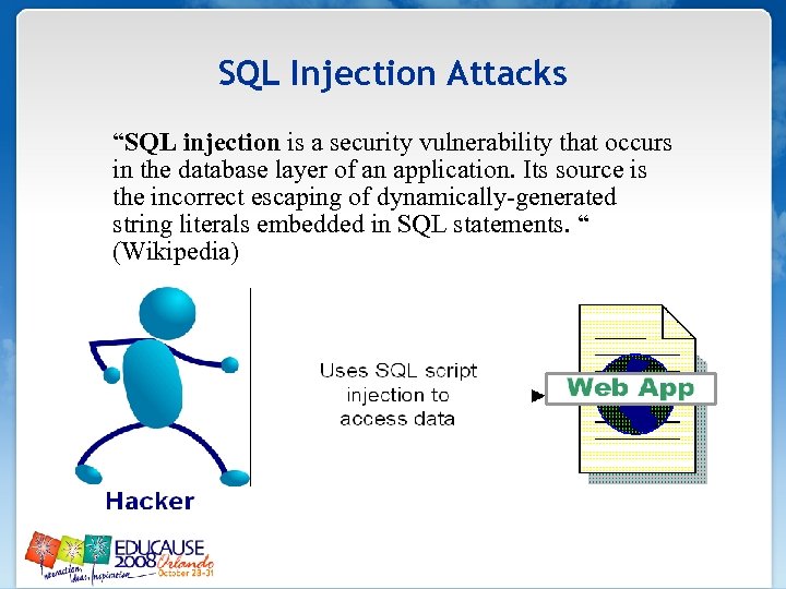 SQL Injection Attacks “SQL injection is a security vulnerability that occurs in the database