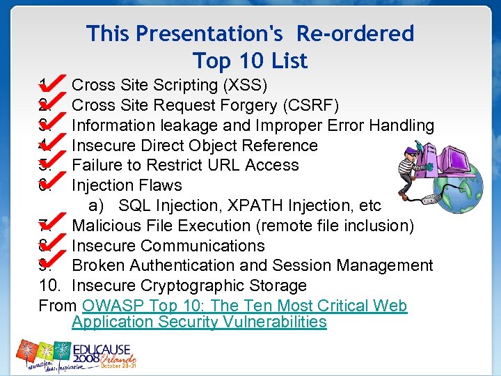This Presentation's Re-ordered Top 10 List 1. 2. 3. 4. 5. 6. Cross Site
