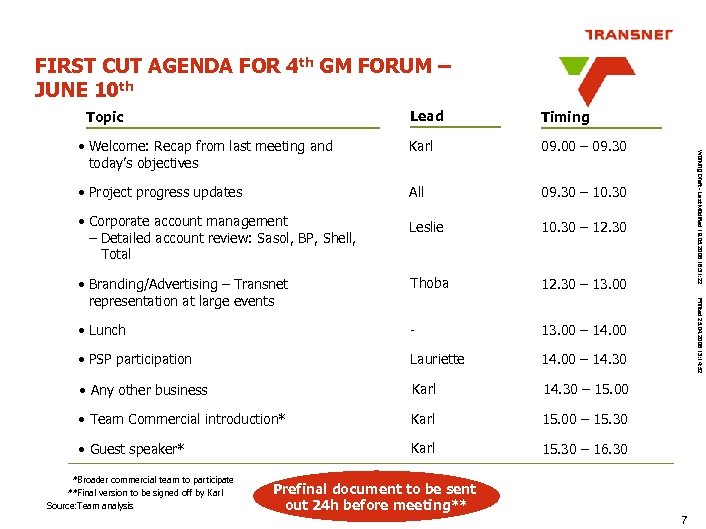 FIRST CUT AGENDA FOR 4 th GM FORUM – JUNE 10 th Timing Karl