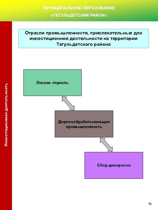МУНИЦИПАЛЬНОЕ ОБРАЗОВАНИЕ «ТЕГУЛЬДЕТСКИЙ РАЙОН» Инвестиционная деятельность Отрасли промышленности, привлекательные для инвестиционной деятельности на территории