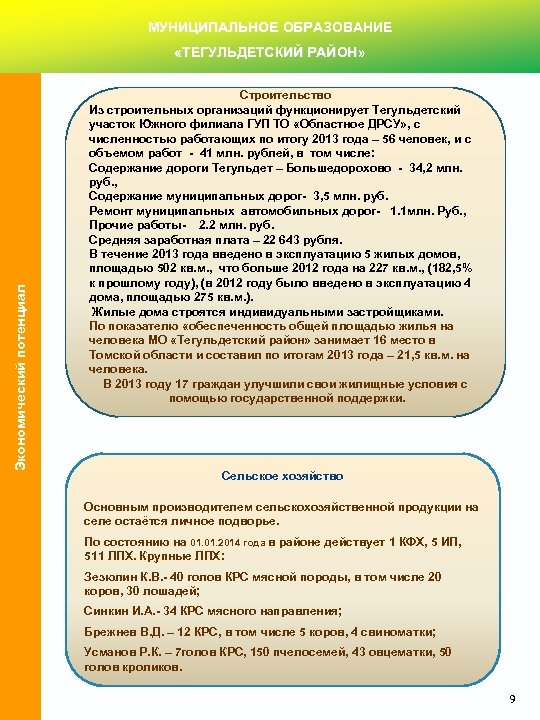 МУНИЦИПАЛЬНОЕ ОБРАЗОВАНИЕ Экономический потенциал «ТЕГУЛЬДЕТСКИЙ РАЙОН» Строительство Из строительных организаций функционирует Тегульдетский участок Южного