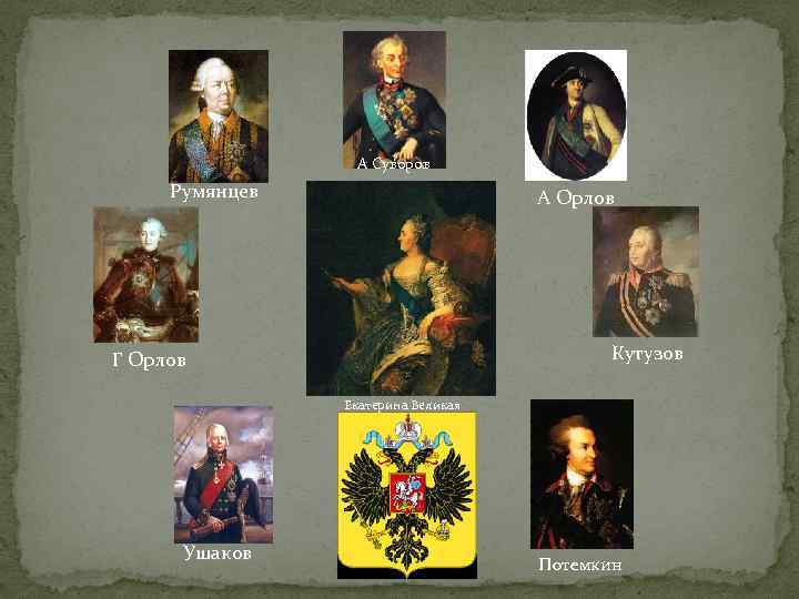 А Суворов Румянцев А Орлов Кутузов Г Орлов Екатерина Великая Ушаков Потемкин 