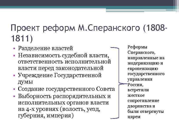 Проект реформ М. Сперанского (18081811) • Разделение властей • Независимость судебной власти, ответственность исполнительной