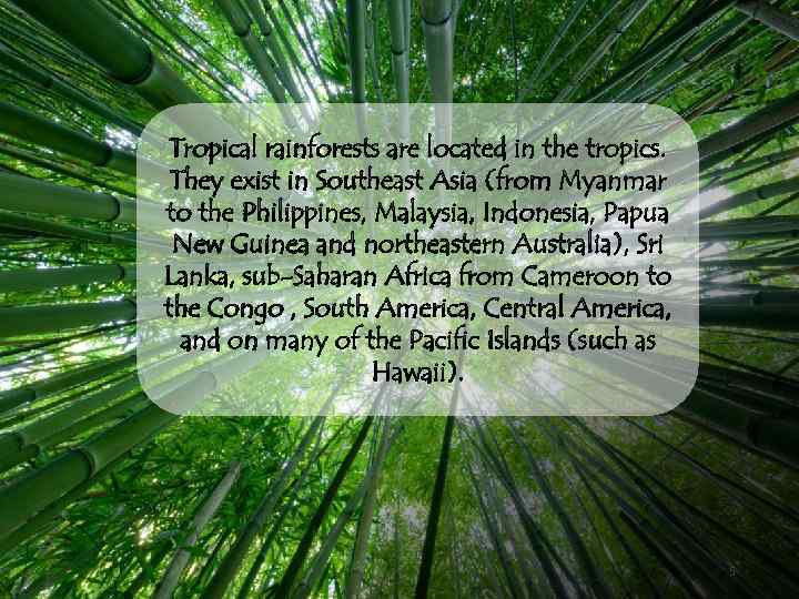 Tropical rainforests are located in the tropics. They exist in Southeast Asia (from Myanmar