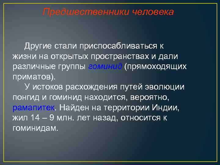 Предшественники человека Другие стали приспосабливаться к жизни на открытых пространствах и дали различные группы