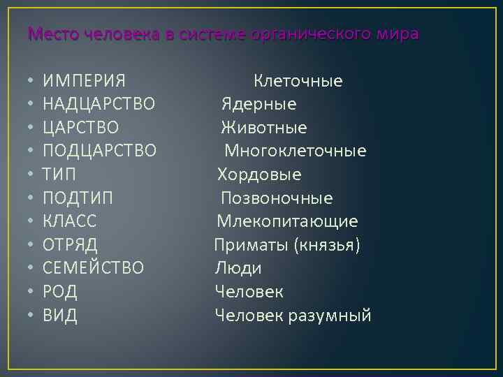 Место человека в системе органического мира • • • ИМПЕРИЯ НАДЦАРСТВО ПОДЦАРСТВО ТИП ПОДТИП