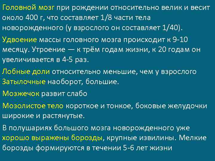Головной мозг при рождении относительно велик и весит около 400 г, что составляет 1/8