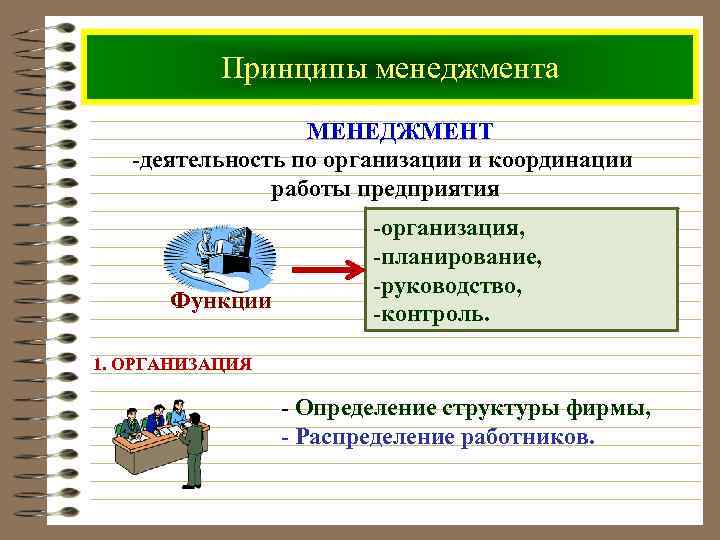 Принципы менеджмента МЕНЕДЖМЕНТ -деятельность по организации и координации работы предприятия Функции -организация, -планирование, -руководство,