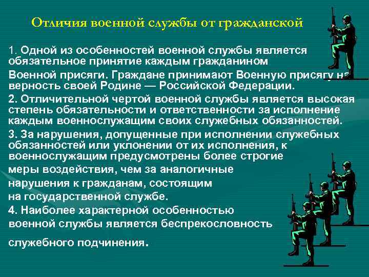 Отличия военной службы от гражданской 1. Одной из особенностей военной службы является обязательное принятие