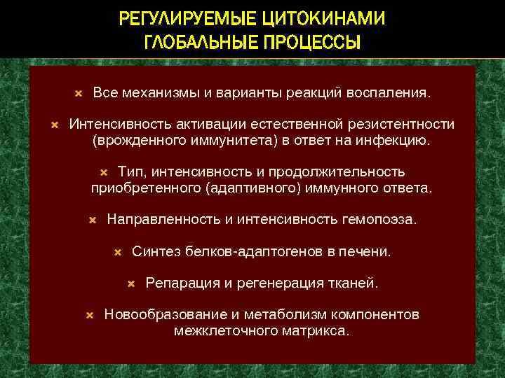 РЕГУЛИРУЕМЫЕ ЦИТОКИНАМИ ГЛОБАЛЬНЫЕ ПРОЦЕССЫ Все механизмы и варианты реакций воспаления. Интенсивность активации естественной резистентности