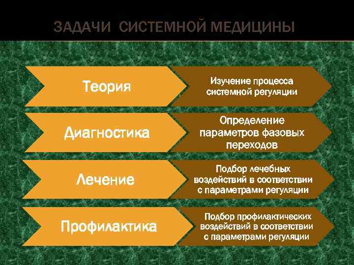 ЗАДАЧИ СИСТЕМНОЙ МЕДИЦИНЫ Теория Изучение процесса системной регуляции Диагностика Определение параметров фазовых переходов Лечение