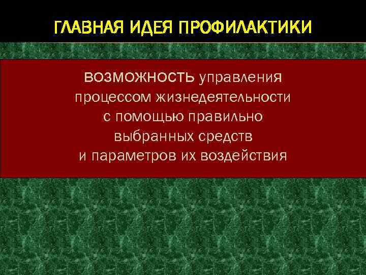 ГЛАВНАЯ ИДЕЯ ПРОФИЛАКТИКИ возможность управления процессом жизнедеятельности с помощью правильно выбранных средств и параметров