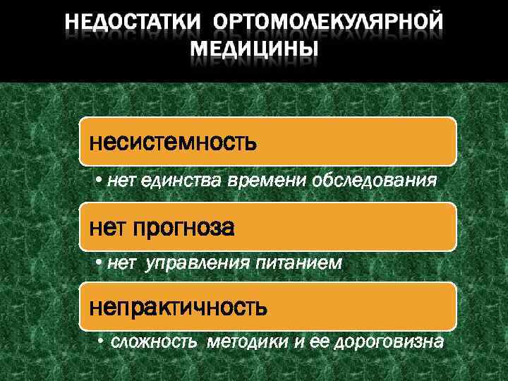несистемность • нет единства времени обследования нет прогноза • нет управления питанием непрактичность •