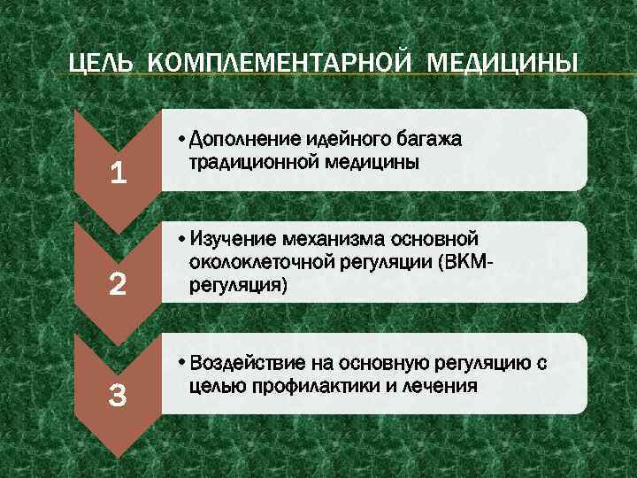 ЦЕЛЬ КОМПЛЕМЕНТАРНОЙ МЕДИЦИНЫ 1 2 3 • Дополнение идейного багажа традиционной медицины • Изучение