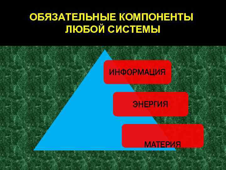 ОБЯЗАТЕЛЬНЫЕ КОМПОНЕНТЫ ЛЮБОЙ СИСТЕМЫ ИНФОРМАЦИЯ ЭНЕРГИЯ МАТЕРИЯ 