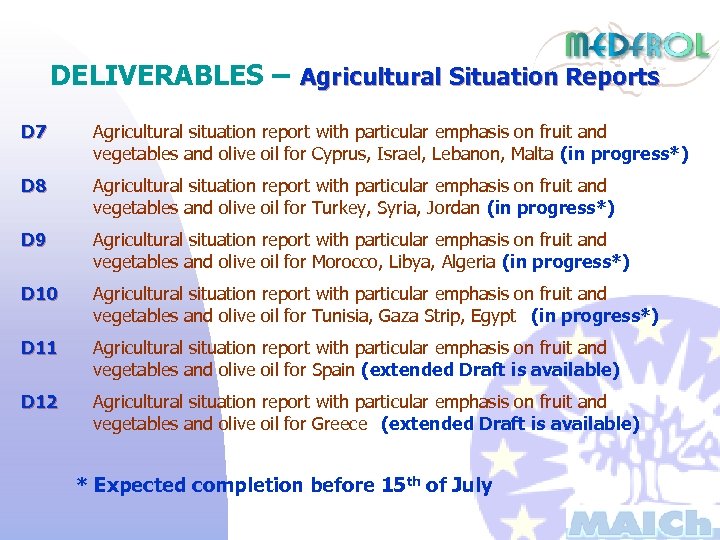 DELIVERABLES – Agricultural Situation Reports D 7 Agricultural situation report with particular emphasis on