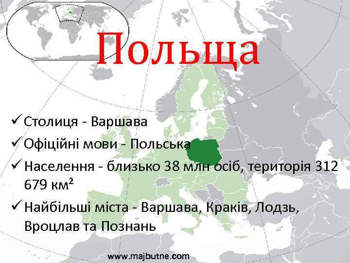 Польща ü Столиця - Варшава ü Офіційні мови - Польська ü Населення - близько