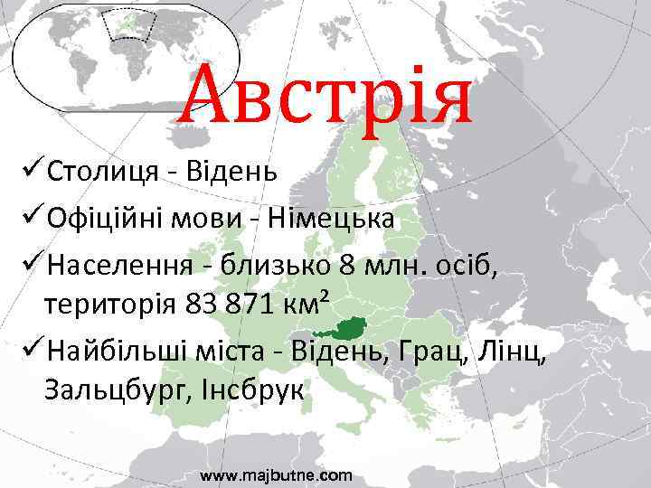 Австрія üСтолиця - Відень üОфіційні мови - Німецька üНаселення - близько 8 млн. осіб,