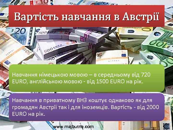 Вартість навчання в Австрії Навчання німецькою мовою – в середньому від 720 EURO, англійською
