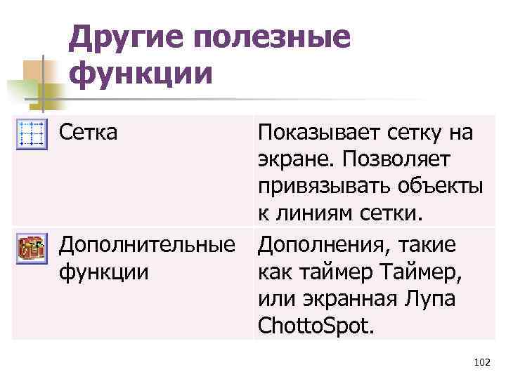 Другие полезные функции Сетка Показывает сетку на экране. Позволяет привязывать объекты к линиям сетки.
