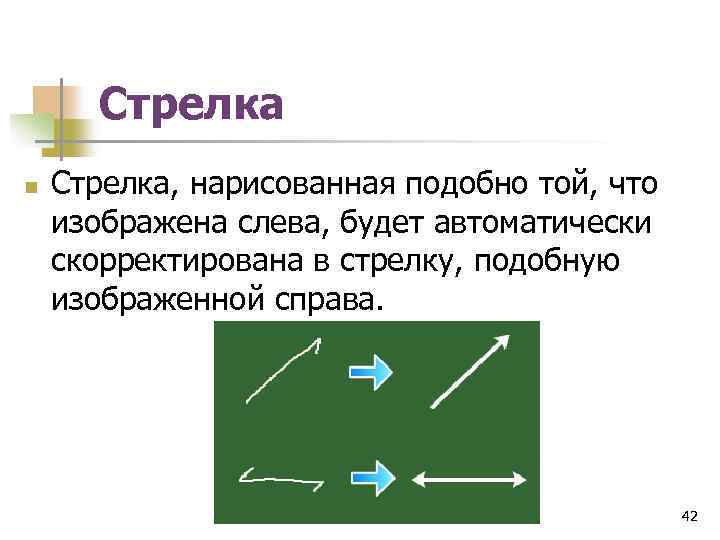 Стрелка n Стрелка, нарисованная подобно той, что изображена слева, будет автоматически скорректирована в стрелку,
