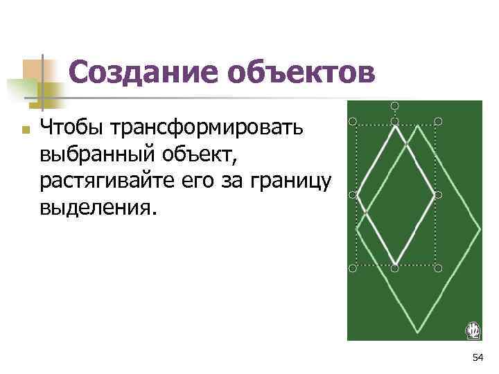 Создание объектов n Чтобы трансформировать выбранный объект, растягивайте его за границу выделения. 54 
