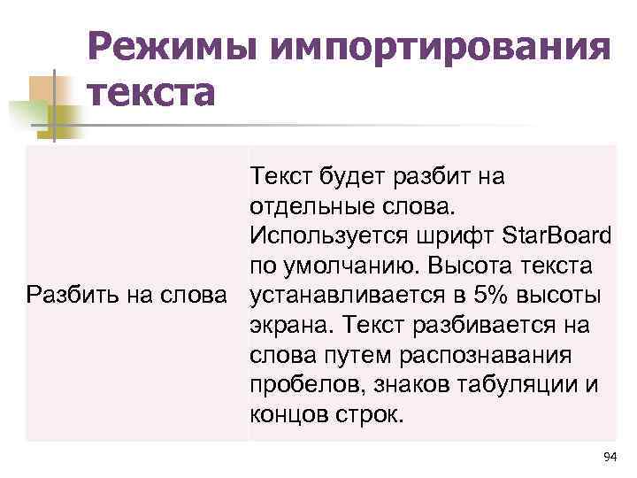Режимы импортирования текста Текст будет разбит на отдельные слова. Используется шрифт Star. Board по