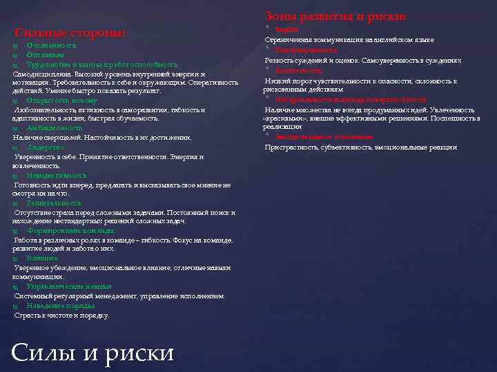 Зоны развития и риски: Сильные стороны: Осознанность Оптимизм Трудолюбие и высокая работоспособность Самодисциплина. Высокий