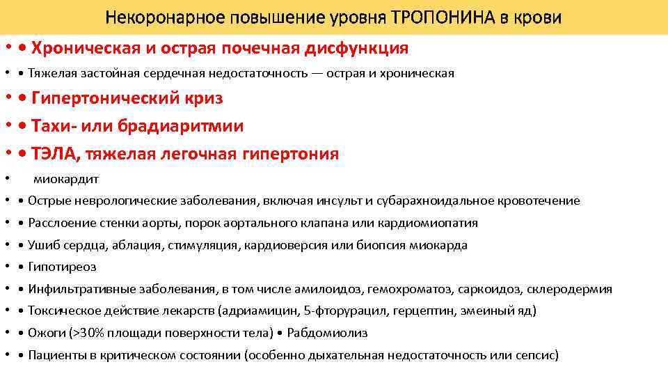 Некоронарное повышение уровня ТРОПОНИНА в крови • • Хроническая и острая почечная дисфункция •