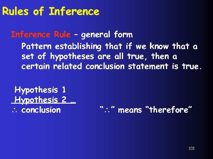 Rules of Inference Rule – general form Pattern establishing that if we know that