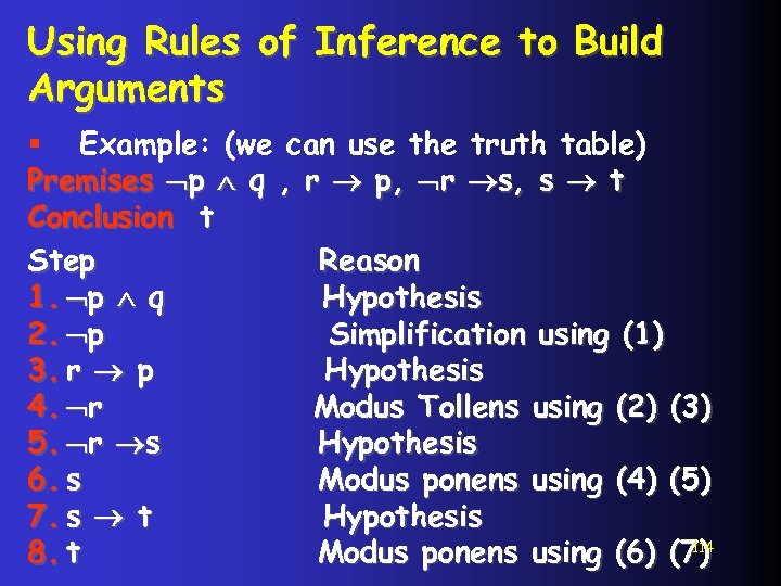 Using Rules of Inference to Build Arguments § Example: (we can use the truth