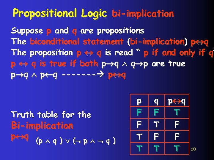 Propositional Logic bi-implication Suppose p and q are propositions The biconditional statement (bi-implication) p