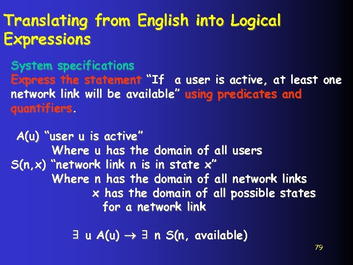 Translating from English into Logical Expressions System specifications Express the statement “If a user