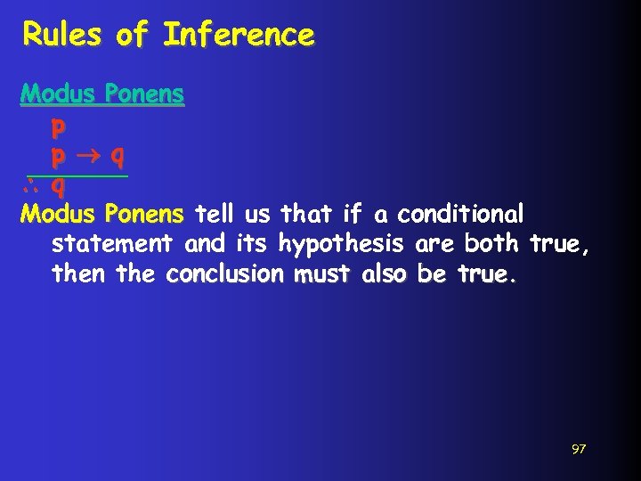 Rules of Inference Modus Ponens p p q q Modus Ponens tell us that