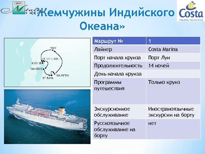  «Жемчужины Индийского Океана» Маршрут № 1 Лайнер Costa Marina Порт начала круиза Порт