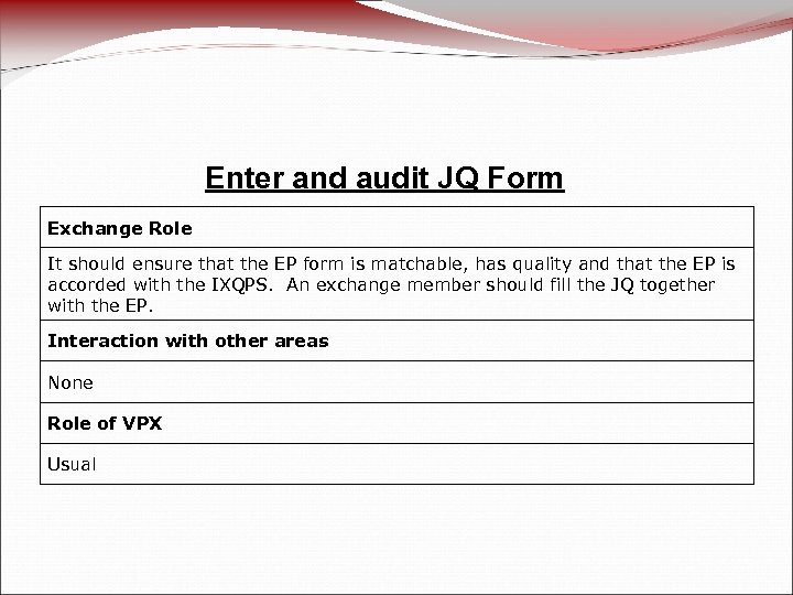 Enter and audit JQ Form Exchange Role It should ensure that the EP form