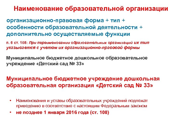 Наименование образовательной организации организационно-правовая форма + тип + особенности образовательной деятельности + дополнительно осуществляемые