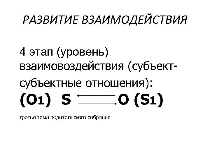 РАЗВИТИЕ ВЗАИМОДЕЙСТВИЯ 4 этап (уровень) взаимовоздействия (субъектные отношения): (O 1) S O (S 1)