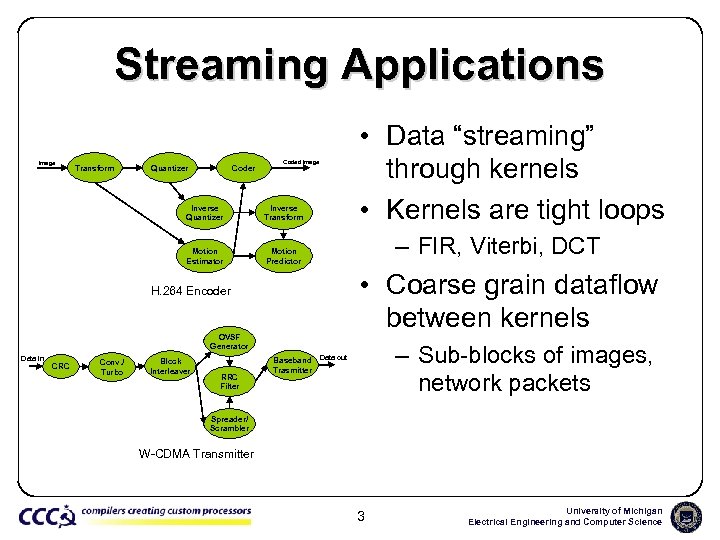 Streaming Applications Image Transform Quantizer Coder • Data “streaming” through kernels • Kernels are