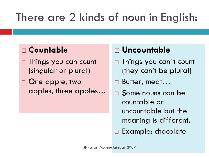 There are 2 kinds of noun in English: Countable Things you can count (singular